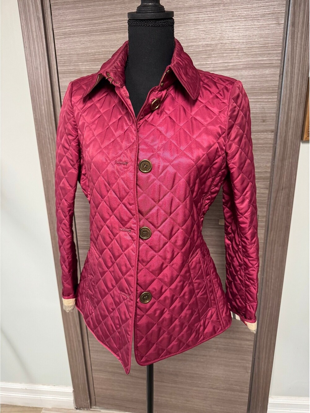 Burberry Brit Womens Quilted Jacket Burgundy Nova Check Lined Button Coat Size S